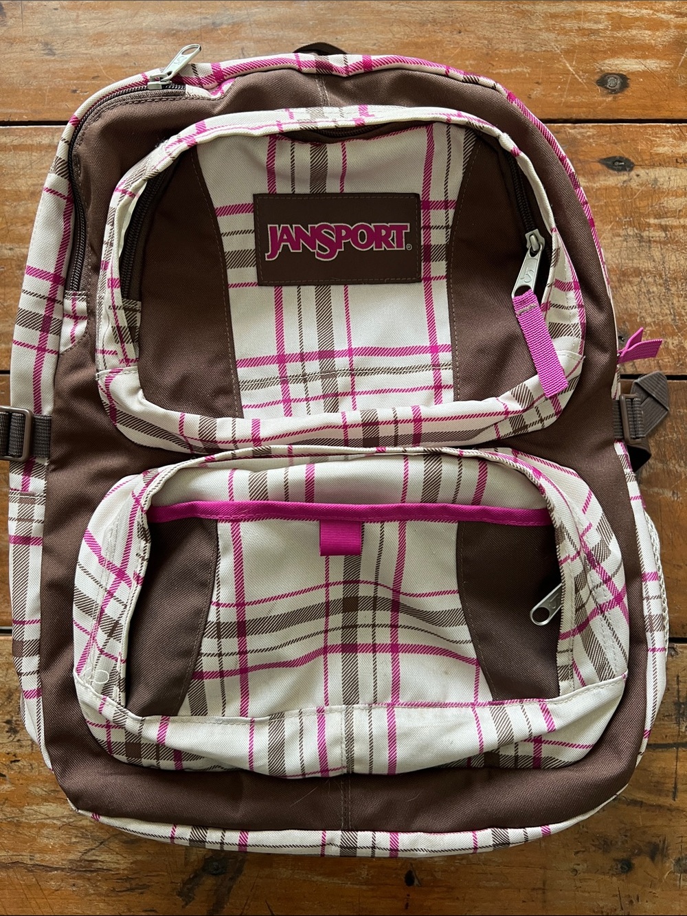 Jansport Brown, Cream & Pink Plaid Backpack (used for one trip to Israel)